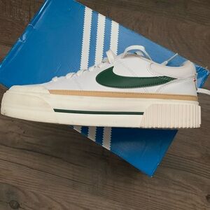 Nike Court Legacy Lift Platform White and Green Sneakers with Tan Accents